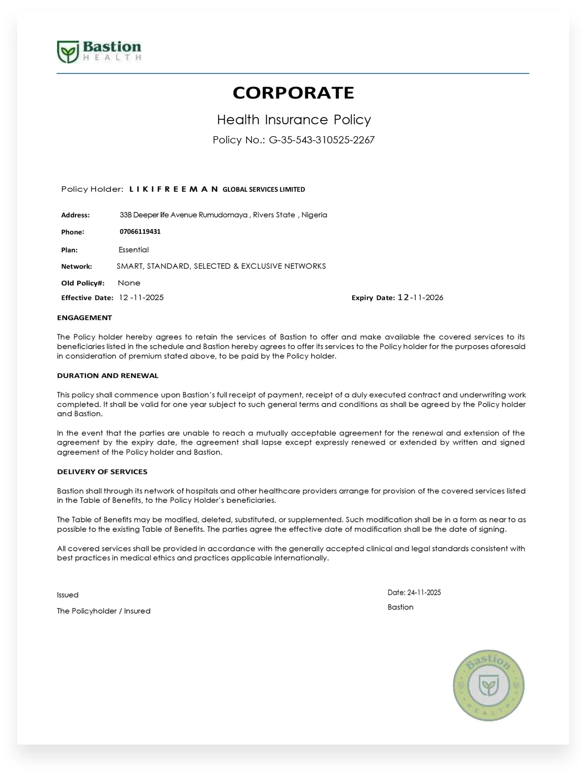 Corporate health insurance policy documentation