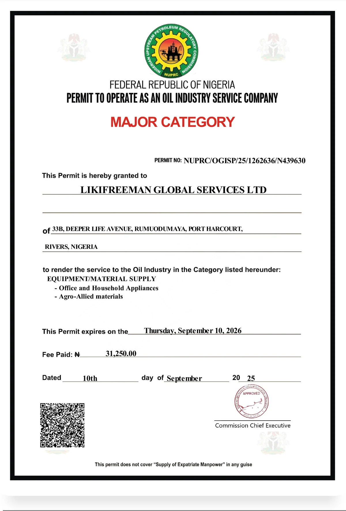 Permit to Operate as an Oil Industry Service Company - Major Category